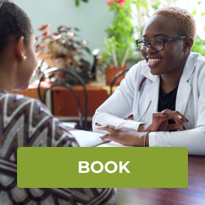 Two women in a consultation. There is a Book button on the image.