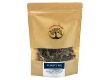 Load image into Gallery viewer, Sealed, brown bag of Purify Me tea that features the Carolina Oasis logo, the Purify Me label, and a small window to view the Purify Me ingredients.
